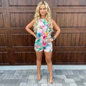 Pink Flowered Romper-Size S